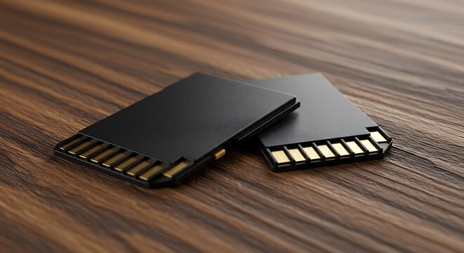 Two Black SD Memory Cards with Gold Contacts on Wooden Surface