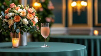 Elegant Table Setting with Fresh Flowers and Cocktail Glass in Opulent Event Space