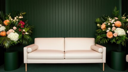 Elegant white sofa in modern interior with lush floral arrangements against dark green wall