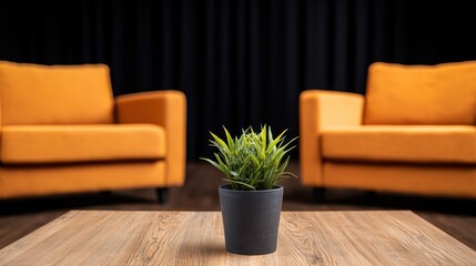 Cozy Living Room with Orange Sofas and Green Plant in Black Pot on Wooden Table against Dark Background