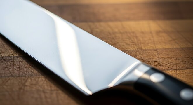 Close-up of a sharp professional chef's knife with a gleaming steel blade resting on a rustic wooden cutting board