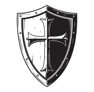 Vintage emblem illustration of a knights templar shield with a christian cross symbol