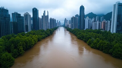 Aerial View of Urban River Surrounded by Skyscrapers and Lush Green Trees on a Cloudy Day