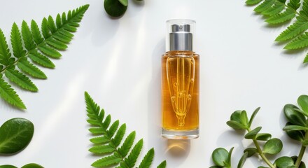 Fototapeta premium Serum Bottle with Green Leaves on White Background.