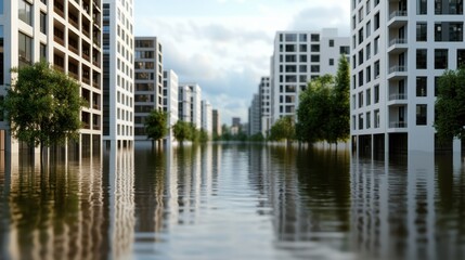 Fototapeta premium Urban Landscape with Flooded Streets and Reflective Water Surface in Modern Residential Area