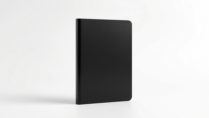 Elegant black hardcover notebook or journal with a blank cover, standing vertically isolated on a clean white studio background with copy space