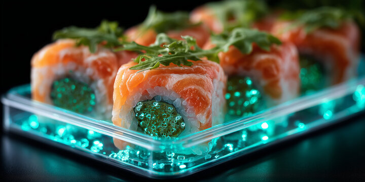 Innovative sushi creation featuring alternative proteins modern culinary techniques sustainable diets food technology lab environment close-up view