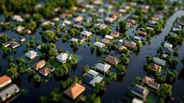 Aerial View of Suburban Neighborhood Flooded with Water Surrounded by Trees and Greenery After Heavy Rain