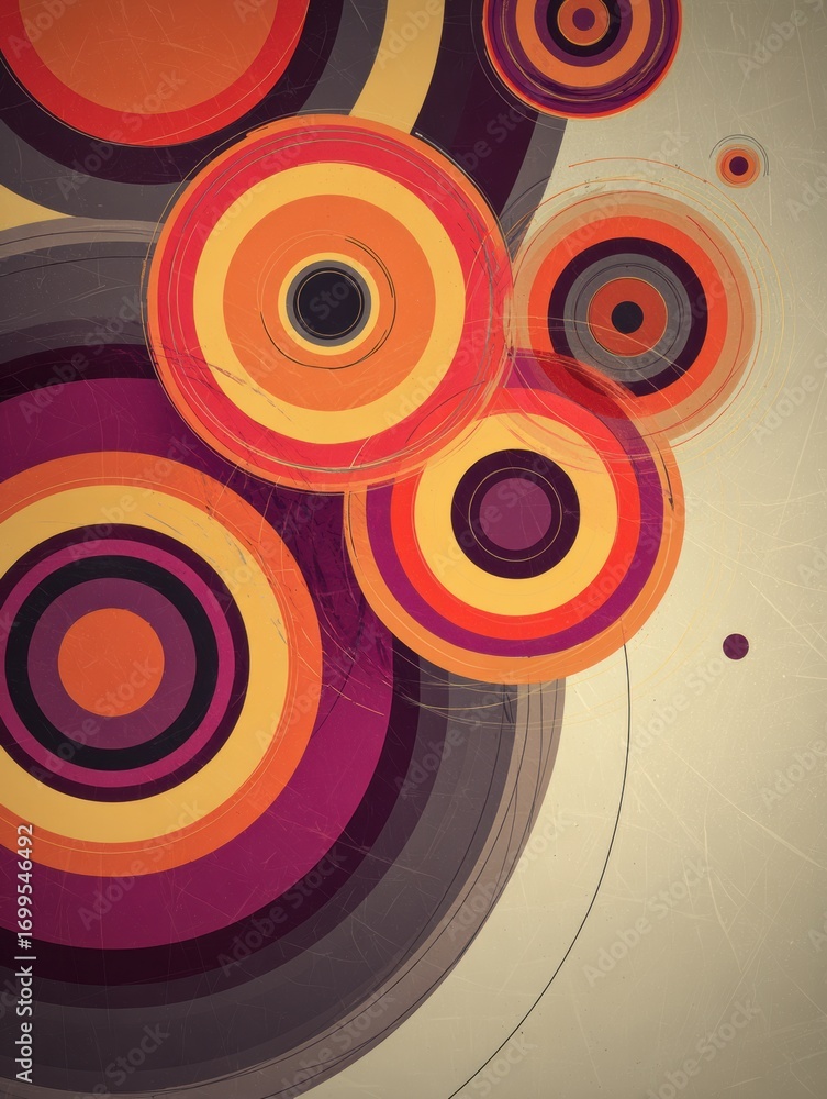 Poster colorful circular patterns in vibrant hues create a dynamic visual display on a textured background