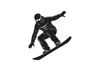 Snowboarder silhouette jumping downhill slope, dynamic winter sports illustration.