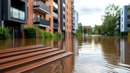 Flooded residential area with submerged buildings and wooden deck in foreground reflecting cloudy sky
