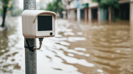 Flood Monitoring Device Amidst Urban Flooding with Flooded Street and Buildings in Background