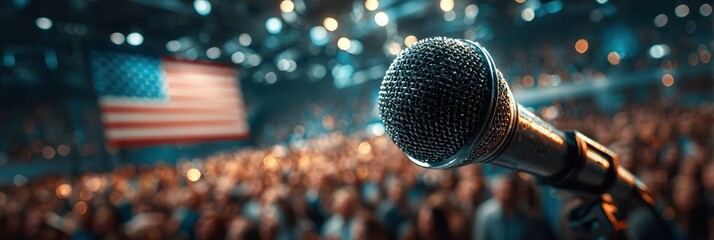 Microphone ready for a speech at a large indoor event with an American flag in the background