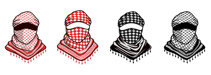 Set of Arabic traditional scarf mask. Palestinian, Syrian, Jordanian Keffiyeh. Middle east, Arab head wear concept design mascot logo vector illustration. Red, black, white scarf mask.