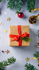 Christmas Gift Box with Red Ribbon on Gray Background with Pine Branches