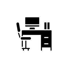 Workplace icon. Simple glyph style. Office desk, home, furniture, work, computer, ergonomic chair, front, pc, interior, business concept. Silhouette, solid symbol. Isolated design.