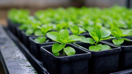 Green seedlings in black plastic pots arranged in a greenhouse nursery promoting healthy plant growth and cultivation