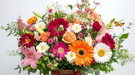 Obraz premium Bright floral bouquet in a basket with lilies, gerberas, roses and a butterfly