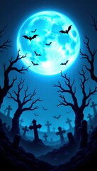 Eerie Haunted Graveyard Under Blue Moonlight with Flying Bats