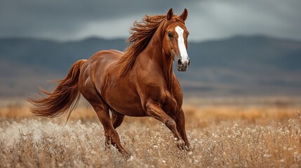 Brown horse galloping through grassy field under cloudy sky in the mountains