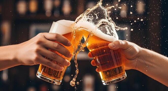 Friends clinking glasses of cold, frothy ale together in a pub, a dynamic moment of celebration with splashing liquid