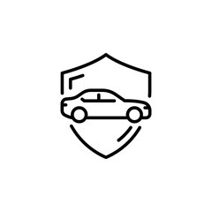 Shield and car icon. Simple outline style. Safety, protect, safe, secure, vehicle, auto, transport, insurance concept. Thin line symbol. Isolated design.