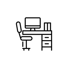 Workplace icon. Simple outline style. Office desk, home, furniture, work, computer, ergonomic chair, front, pc, interior, business concept. Thin line symbol. Isolated design.