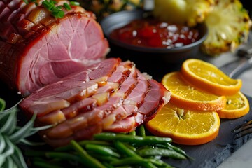 Sliced ham with orange and pineapple on a slate board, ham in a spiral cut, close-up view of a sliced pork loaf with oranges and pineapples around it