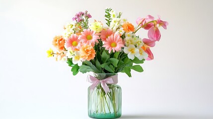 Fototapeta premium Colorful spring flower bouquet in a glass vase with pink ribbon on white