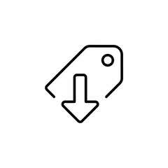 Price reduced icon. Simple outline style. Price tag with down arrow, low, cheap, cost, discount, reduction, promo, clearance, business concept. Thin line symbol. Isolated design.