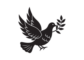 Flying dove silhouette holding olive branch vector illustration symbol of peace.