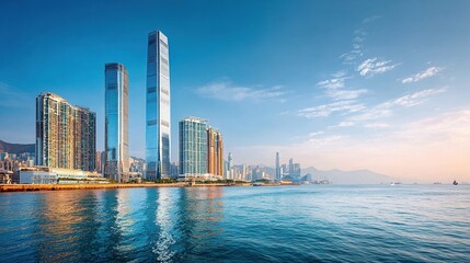 Naklejka premium Contemporary Urban Landscape: Blue-Glass Skyscrapers Reflected on Calm Waters with Mountains for City Planning and Development Concepts