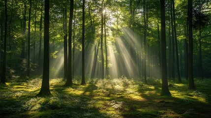Obraz premium Sunlight filtering through trees in beautiful forest panorama, serene natural landscape with misty glow