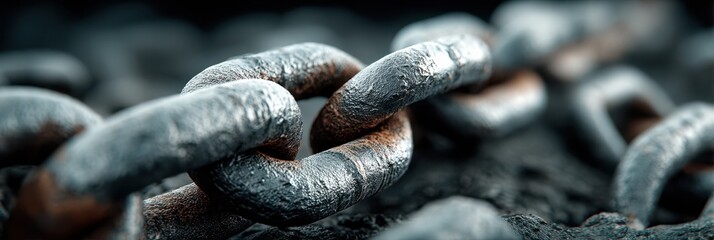 Close-up view of weathered metal chain links in outdoor setting showing texture and depth