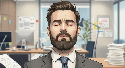 Young male with beard relaxing at work. Man closing eyes in office stress