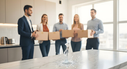 Team of coworkers in a bright office presenting cardboard boxes in a collaborative moment