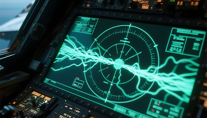 Futuristic Cockpit Display: A Digital Radar Screen In High Tech Style Displaying Data and Information in a Modernized Cockpit
