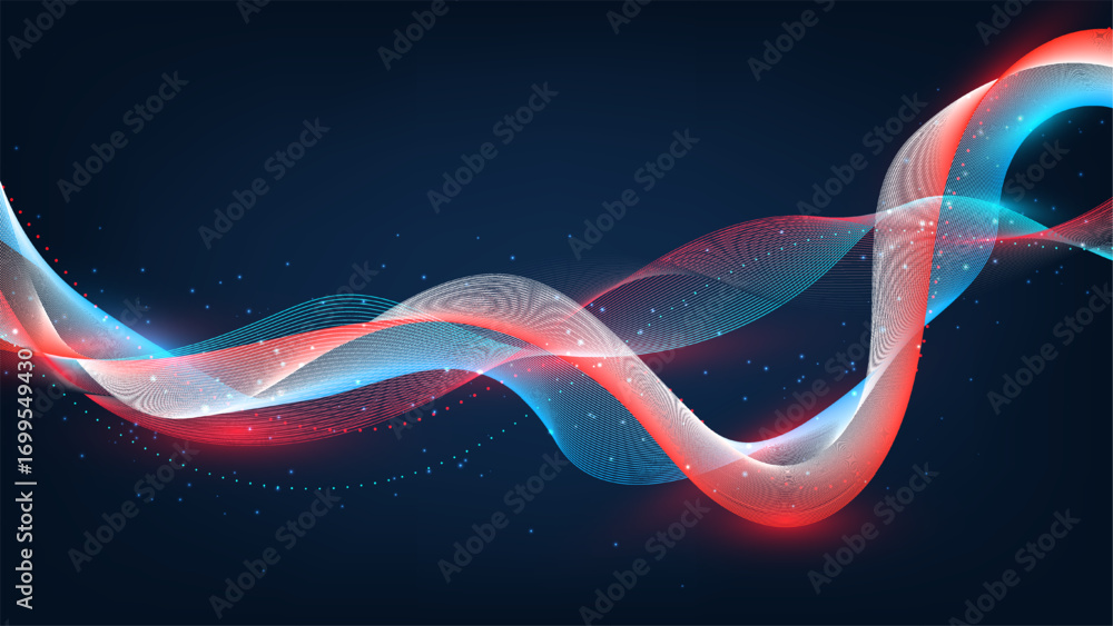 Poster abstract digital background of flowing red and blue light waves with luminous particles symbolizing 