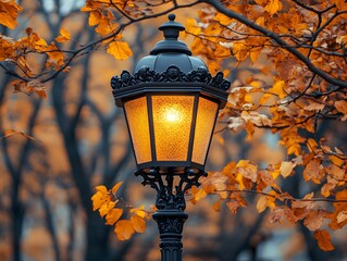 Autumn Street Lamp Golden Leaves
