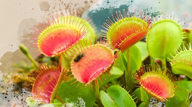 Vibrant Venus Flytrap Close-up, Watercolor Effect