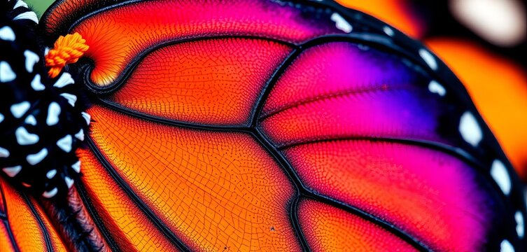 Close-up of vibrant monarch butterfly wings, intricate details visible, black,  pupa - Powered by Adobe