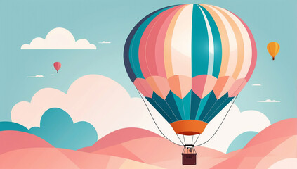 Fototapeta premium Vibrant hot air balloon adventure illustration, floating gracefully over a surreal pink and orange landscape