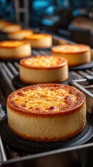 Delicious cheesecakes baking in a modern kitchen with a warm ambiance and a focus on texture and color