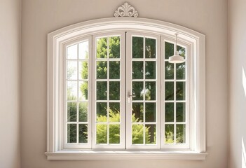 Elegant French pane bay window with ornate trim, sunlight streaming in,  style,  panes
