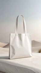 Minimalist White Tote Bag on Sand Dune Neutral Background