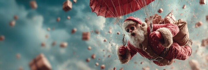 Santa Claus descends with a parachute amidst falling gifts in a winter sky