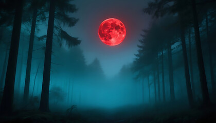 Enchanting Forest Night Scene Red Moon Fantasy Art Mysterious Trees Foggy Landscape Atmospheric Illustration