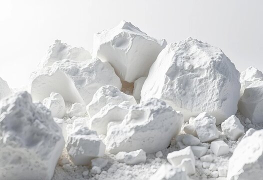 Lumps of quicklime, pure white against a stark background, building supplies, close up