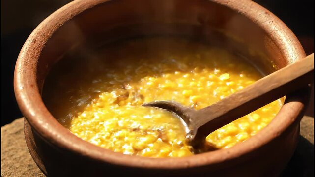 Close-up of a clay pot filled with cornmeal mush and a wooden spoon on a rustic surface with warm tones.