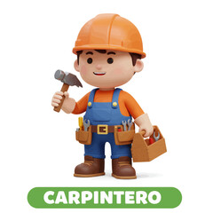 3D rendered illustration of a cartoon carpenter wearing an orange hard hat and holding a hammer.